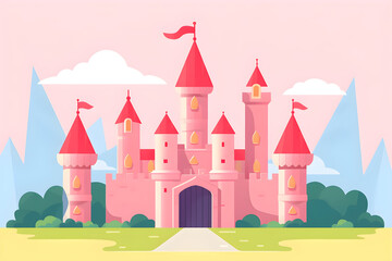 pink simple cartoon fairy tale castle landscape on pink background