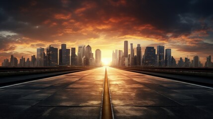 Modern city skyline and buildings with empty asphalt road at sunset - obrazy, fototapety, plakaty