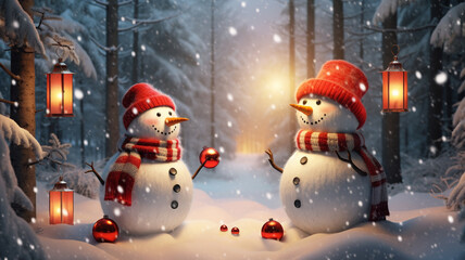 snowman with christmas presents in the snowy forest at night with holiday gifts