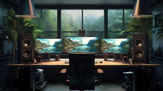 Comfortable home workplace for videographer and video editor. Working table with large monitors.