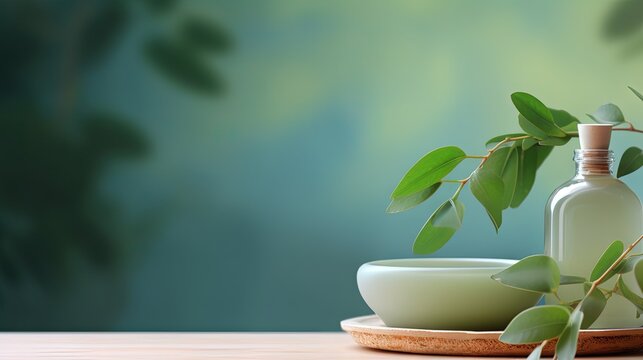 Bowl, bottles of eucalyptus essential oil, mortar, bunch of fresh eucalyptus branches on green background. Natual organic ingredients for cosmetics, skin care, body treatment.