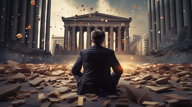 Banking collapse or bank run, financial crisis or bankruptcy problem, stock market crash or credit risk, failure or investment failure concept, frustrated businessman look at collapsing bank building.