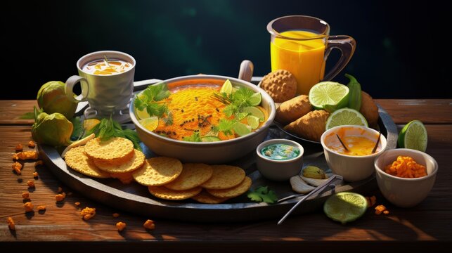 Group of Gujarati snacks like jalebi-fafda, thepla, khaman dhokla, aloo bhujiya, khandvi,khakra, dahi vada, gathiya with hot tea