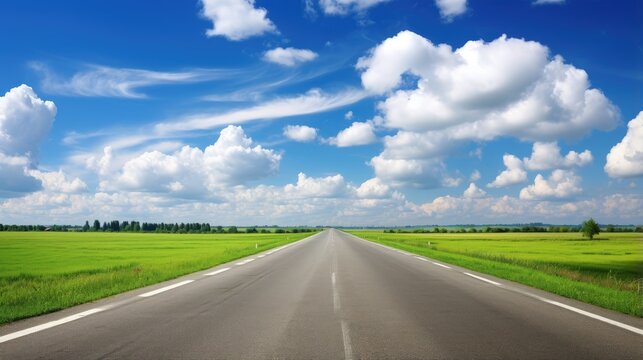 asphalt road through the green field and clouds on blue sky in summer day