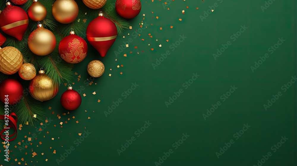 Poster square banner with gold and red christmas symbols and text. christmas tree, balls, golden tinsel con