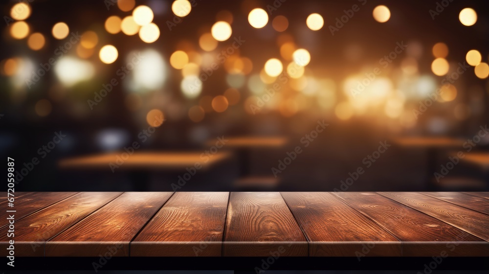 Aufkleber image of wooden table in front of abstract blurred background of resturant lights