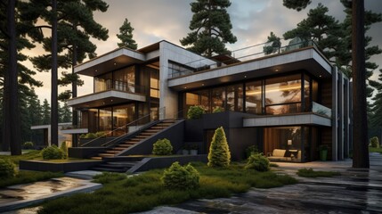 Modern multi level home exterior with pine trees