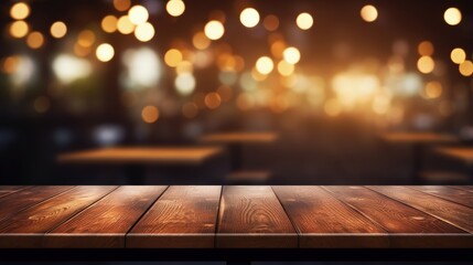 image of wooden table in front of abstract blurred background of resturant lights - obrazy, fototapety, plakaty