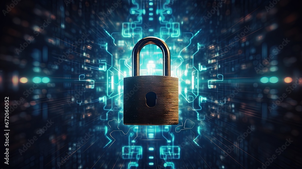 Poster Cyber security.Digital padlock icon,Cyber security technology network data protection technology virtual dashboard.Online internet authorized access against cyber attack privacy business data concept.