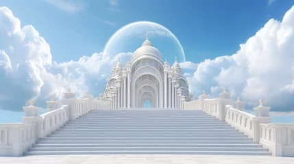 Foto op Canvas A concept depicting a huge staircase leading up to the open majestic pearly gates of heaven srrounded by a blue sky background - 3D render © HN Works