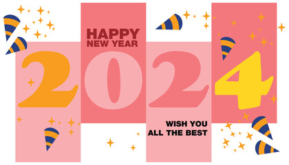 Happy New Year 2024 celebration design with a combination of bright and attractive colors. Suitable for greeting card designs and New Year banner designs