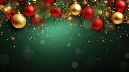 Square banner with gold and red Christmas symbols and text. Christmas tree, balls, golden tinsel confetti and snowflakes on green background. Header for website template. - Powered by Adobe