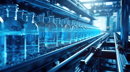 Obraz premium Abstract industrial background in blue color with filling Plastic bottles inside industrial machine conveyor line in water bottling plant