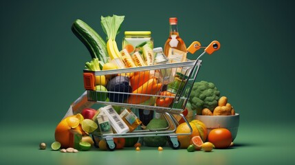Shopping cart full of food and smartphone. Grocery market shop, food and eats online ordering, buying and delivery concept. 3d illustration