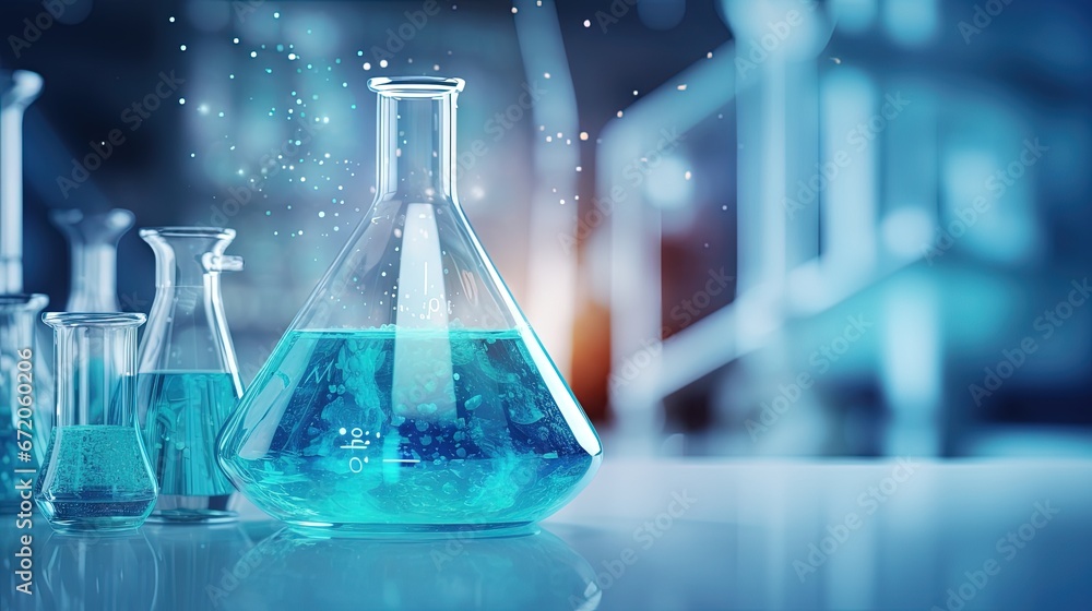 Poster flask with clear beaker and glassware in medical science lab banner background