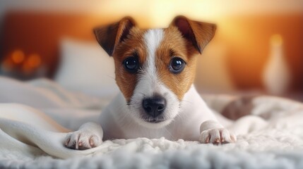 A beautiful dog Jack Russell Terrier lies on floor on a fluffy blanket on his stomach, stretches his legs forward, looks at camera. Brown eyes, black nose. Day of Dog. Pet day. Vertical, copy space.