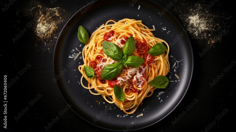 Sticker Tasty appetizing classic italian spaghetti pasta with tomato sauce, cheese parmesan and basil on plate on dark table. View from above, horizontal