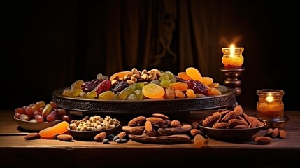 Assortment of dry fruits and nuts. Judaic holiday Tu Bishvat. Copy space - obrazy, fototapety, plakaty