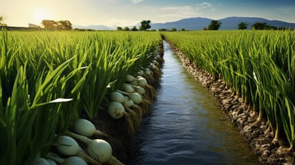 Landscape leek onion plantation and water flows through irrigation canals. Agriculture and agribusiness. Conservation of water resources and reduction pollution. Caring for plants, growing food. - obrazy, fototapety, plakaty