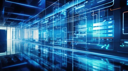 Data servers and Digital information flows through the network and behind glass panels in the server room of a data center or Internet service provider