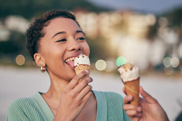 Woman, eating ice cream and beach with smile, thinking and memory for sweets, treat and cone on...