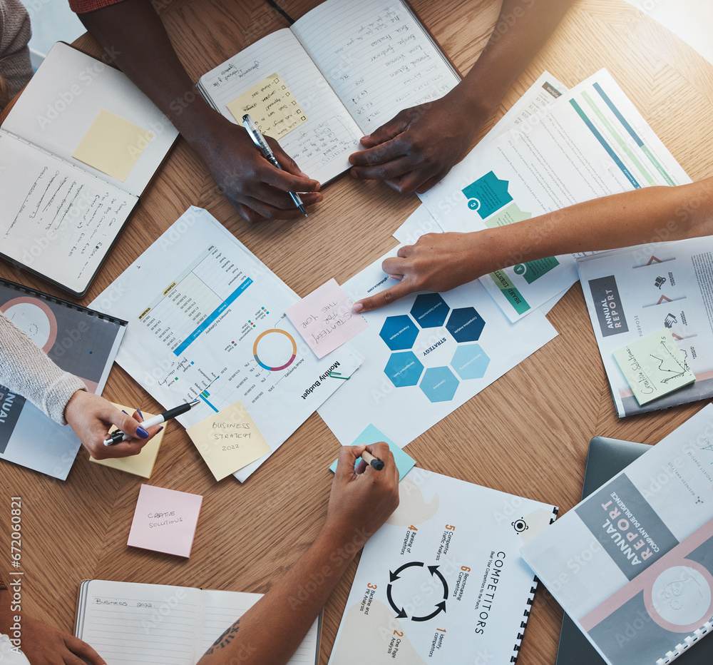 Wall mural Meeting, top view and business people planning a strategy for a budget, marketing and creative advertising. Financial employees or workers hands working on branding, sales and management team goals