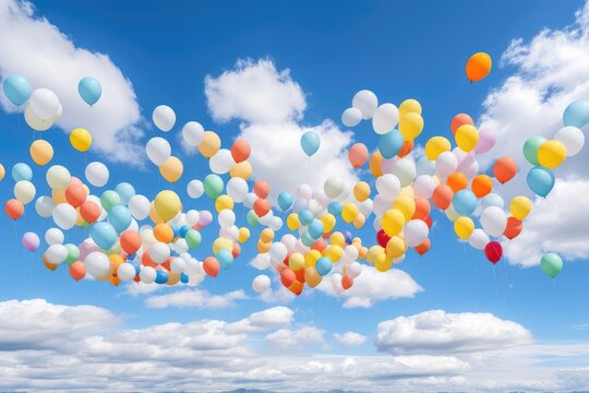 A celebratory background image for creative content, showcasing colorful balloons soaring into the sky amidst fluffy clouds, creating an festive scene. Photorealistic illustration