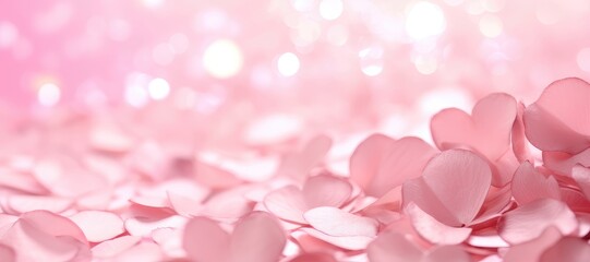 A wide-format background image for creative content, showcasing fallen pink confetti with a softly blurred background, creating an elegant and celebratory composition. Photorealistic illustration - obrazy, fototapety, plakaty