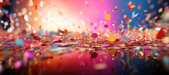 Fototapeta na wymiar A wide-format background image for creative content, depicting colorful confetti falling with a blurred background, creating a visually dynamic and festive atmosphere. Photorealistic illustration