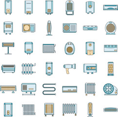 Electric heater device icons set. Outline illustration of 36 electric heater device vector icons thin line color flat on white