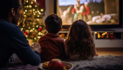 Obraz na płótnie Canvas Photo of a Joyful Family Enjoying a Festive Christmas Film