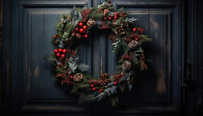 Fototapeta na wymiar Photo of a Festive Christmas Wreath Adorning a Welcoming Door