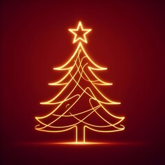 Obraz premium Christmas tree gold neon lines with a star on red background