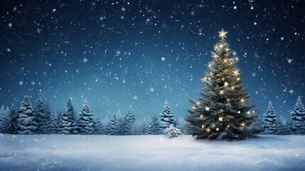 Snowy Xmas tree with garland lights - festive Christmas background for new year's winter art design