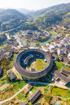 Aerial photography of earth buildings in Shiqiao Village, Shuyang Town, Nanjing County, Zhangzhou City, Fujian Province, China