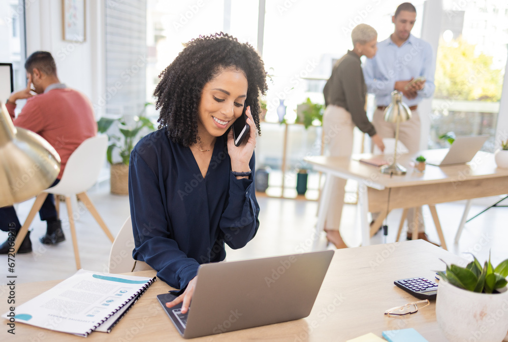 Poster Black woman, phone call and laptop in office for communication, information and marketing. Entrepreneur person at advertising agency while talking to contact for proposal deal or networking at desk