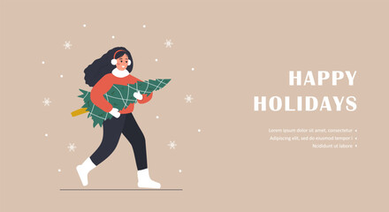 Woman carries Christmas tree. Happy holidays background. Landing page template. People buying Christmas fir on fair. New Year postcard. Vector illustration in flat cartoon style. - obrazy, fototapety, plakaty