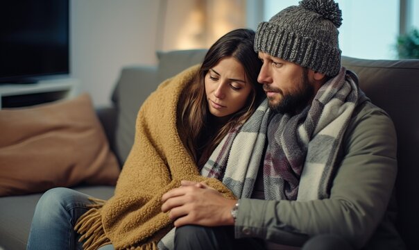couple wrapped up warm with coat scarf and hat sat on a sofa indoors, trying to keep warm in winter, couple love photography 