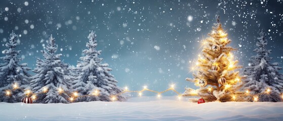 Snowy Christmas tree with garland lights: festive holiday background for new year and winter celebrations