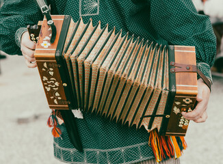 A man plays the accordion. Close-up - obrazy, fototapety, plakaty