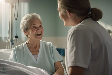 Friendly nurse doctor supporting an elderly lady. Helpful volunteer at healthcare home. Happy senior woman with friendly caregiver taking care of her patient, showing kindness while doing a checkup.