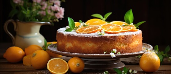 Rustic style wooden table adorned with a delicious homemade cake made with citrus flavors