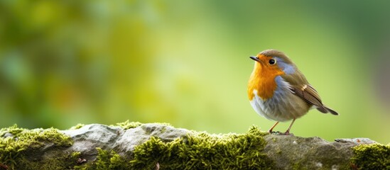 A garden visitor the Erithacus rubecula can be seen resting on a branch commonly known as the European robin - obrazy, fototapety, plakaty