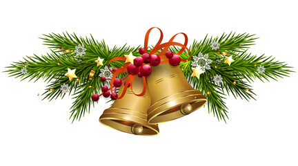 Christmas isolated element, golden bells with pine garland.