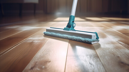 Floor cleaning with mob and cleanser foam. Cleaning tools on parquet floor - obrazy, fototapety, plakaty