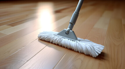 Floor cleaning with mob and cleanser foam. Cleaning tools on parquet floor