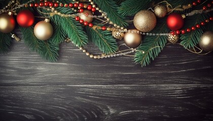Christmas banner backdrop decoration with pine branches, star ball decoration with snowflakes on dark wood background.
