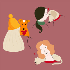 Vector set flat illustrations with happy dog and cat owners. Pet lovers concept.