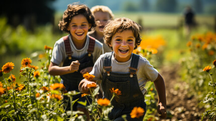 Farm kids chasing butterflies across fields.