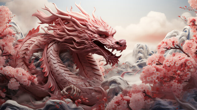 Dragon Chinese Zodiac.illustration fantasy anime manga white dragon with pink cherry blossom flower and tree for Chinese new year 2024 Asian Celebration, Generative Ai.